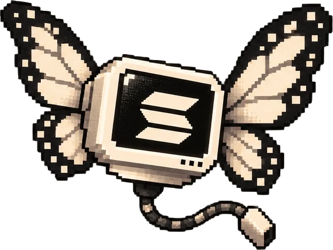 The pixel monitor with butterfly wings and a trailing power cable